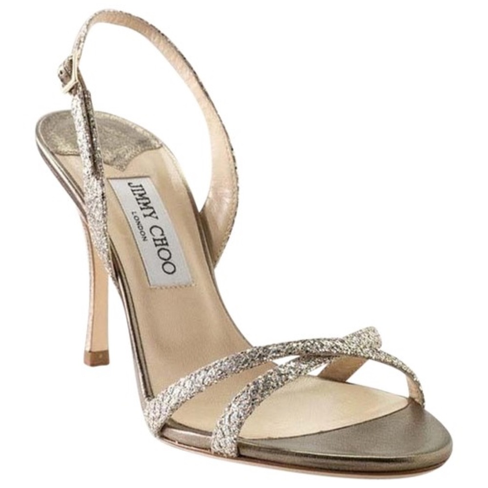 {Jimmy Choo} India Silver Glitter Strappy Heels